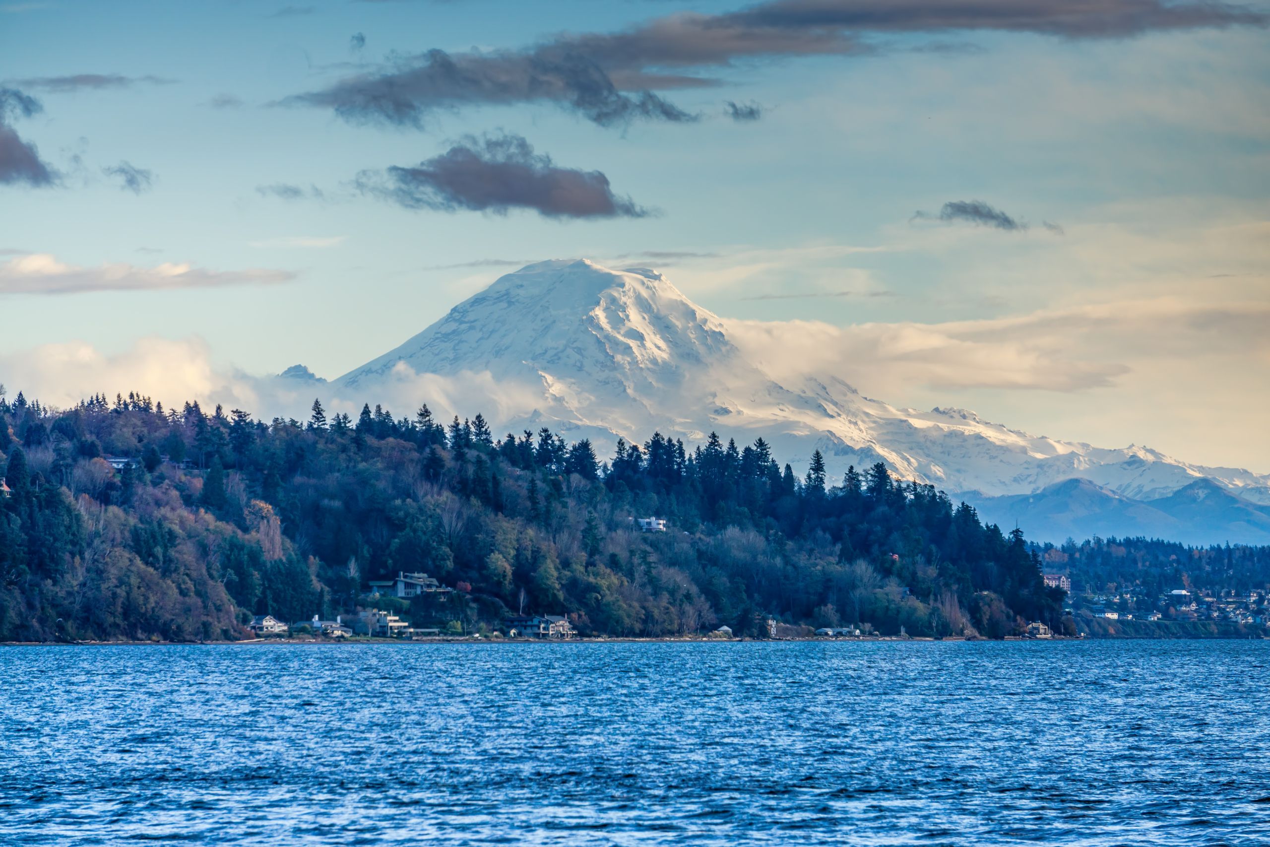 A view of Mount Rainier across the Puget Sound.