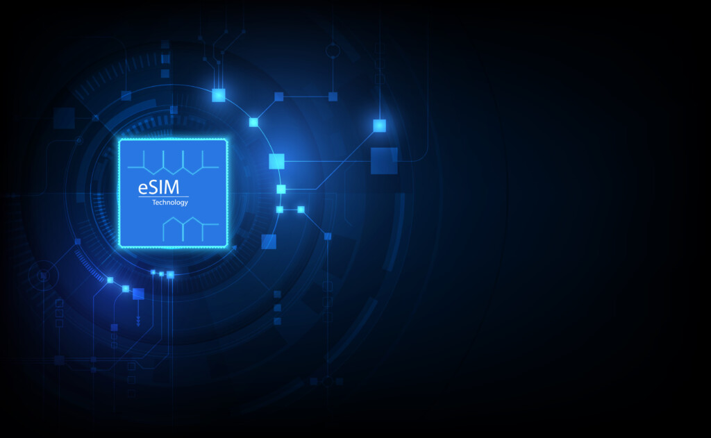 eSIM card chip sign. Embedded SIM concept. New mobile communication technology and processor background circuit board vector illustration, image by Adobe Stock