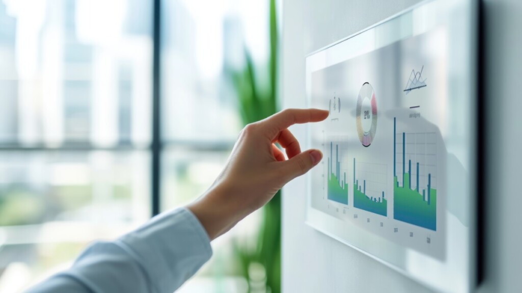 Zoomed-in image of a hand adjusting a smart thermostat in an energy-efficient building, graphs showing energy savings