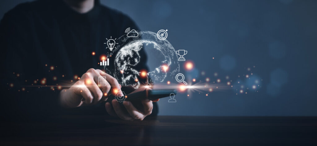 Concept of technology and business global internet connection application with smart phone, metaverse virtual reality design.