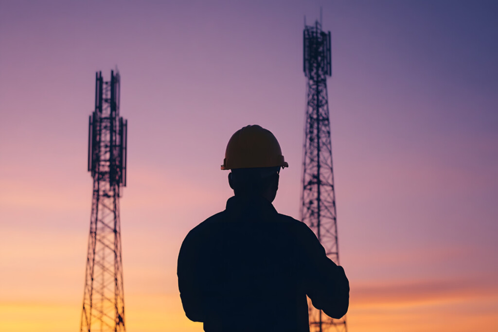 Silhouette of a worker in a hardhat overseeing telecommunications infrastructure against a vibrant sunset sky. Essential connectivity in view.