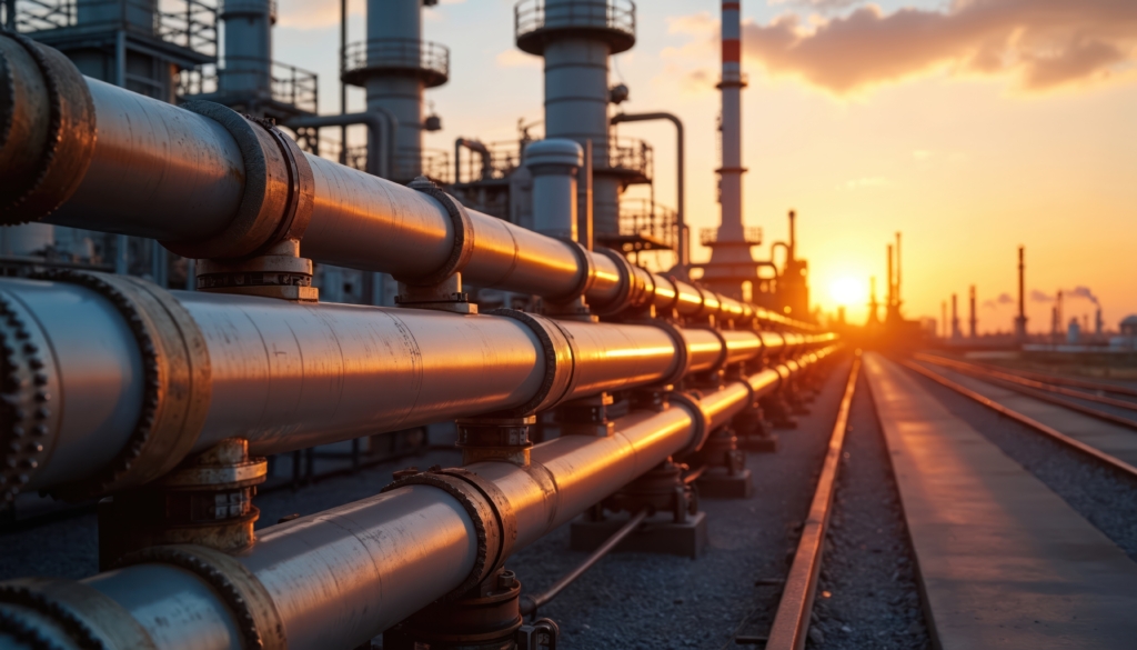 Large oil, gas pipelines in oil refinery at daytime. Energy industry infrastructure shown. Production, transportation of oil gas visualized. Photo shows pipelines in factory. Sun sets at background.