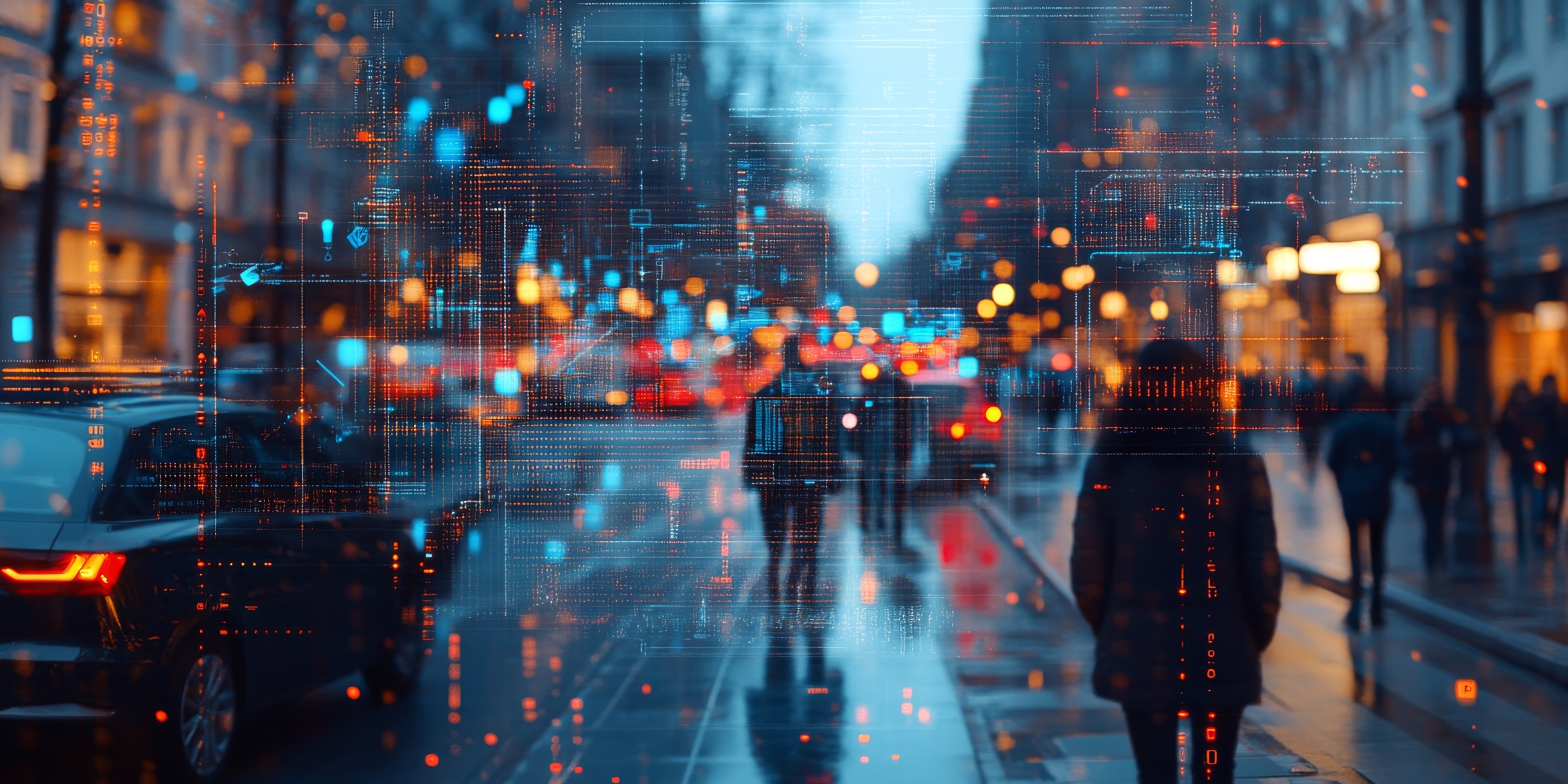 City street at night with augmented reality graphical user interface showing data from self driving cars, traffic, and pedestrians