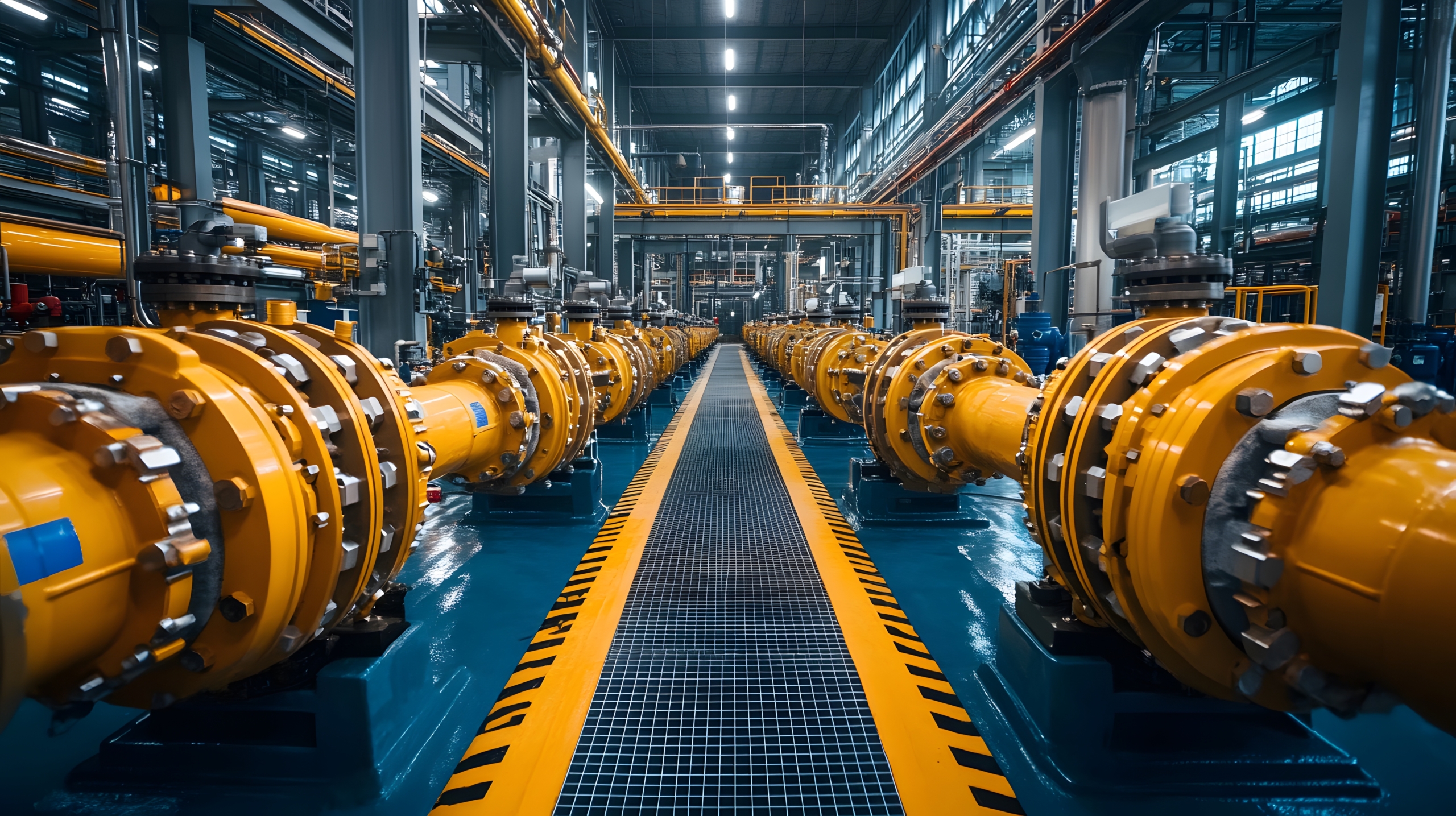 Row of Industrial Valves in Operation: A row of large industrial valves lined up in a gas plant, with pipes extending in various directions.