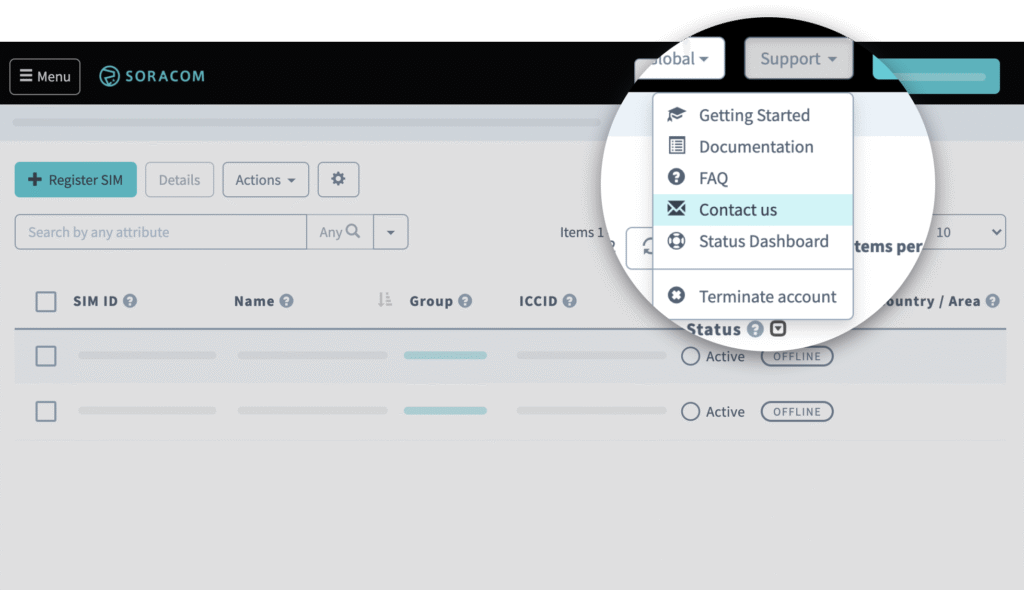screenshot of the Soracom user console showing the dropdown menu under 'support' button with the option 'Contact us' selected.