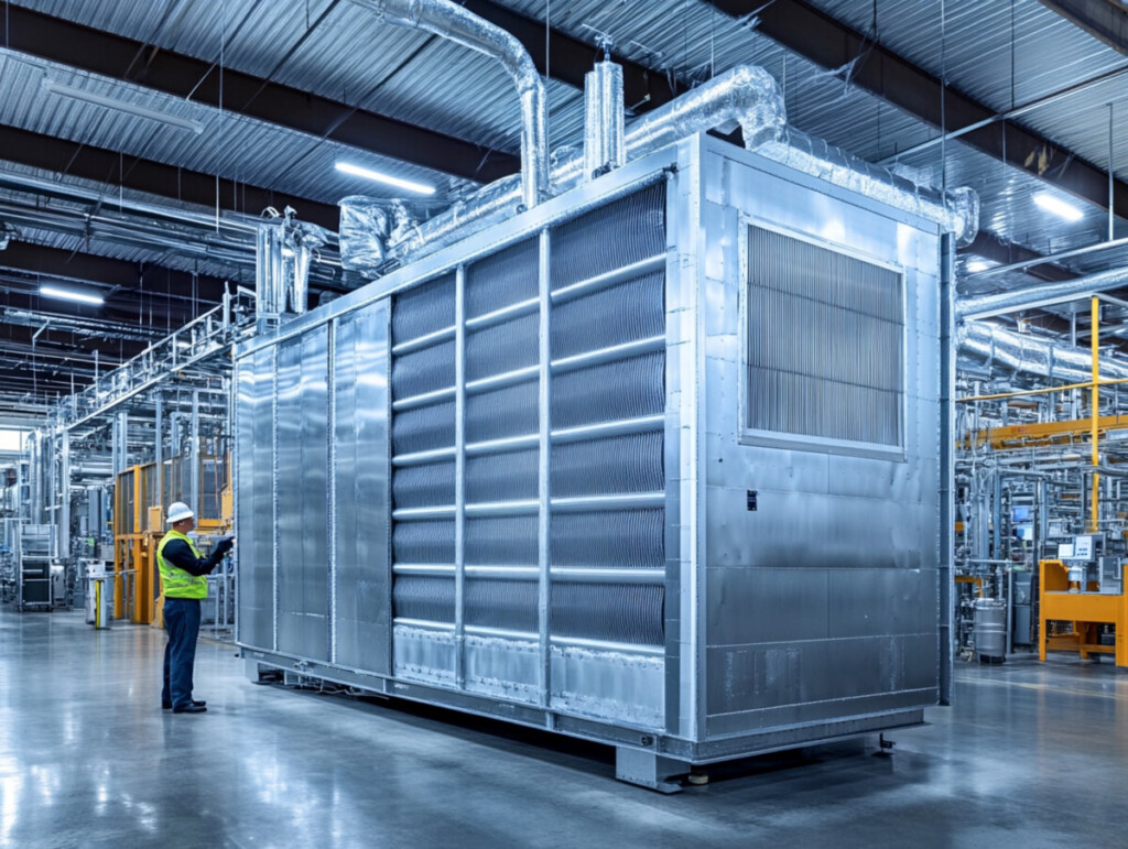 In a spacious industrial facility, a technician carefully inspects a massive air handling unit, ensuring optimal performance and safety standards.