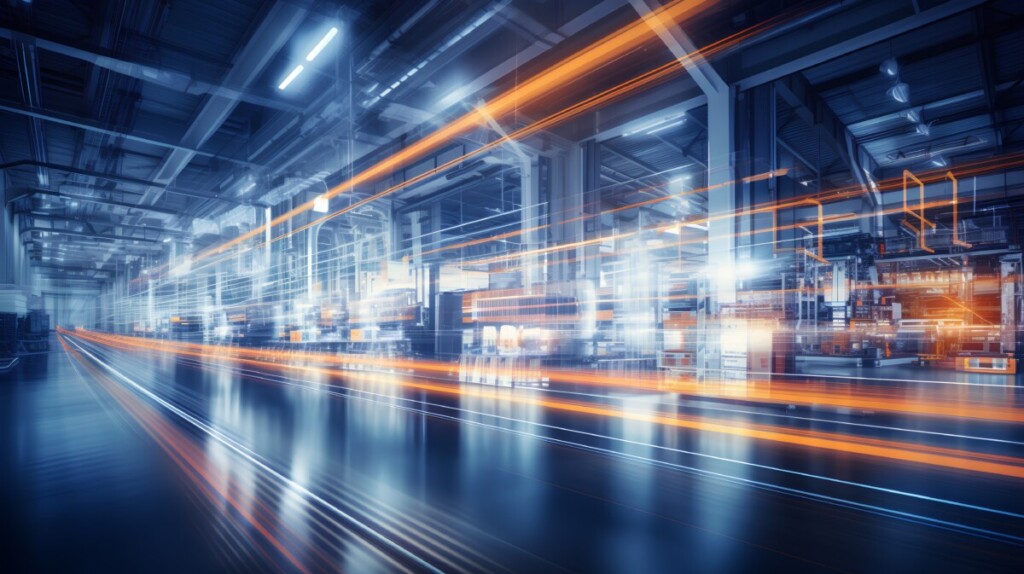 A futuristic image illustrating the concept of a smart factory. Advanced technology like AI, IoT and robotics in manufacturing processes for greater efficiency and productivity. Generative AI