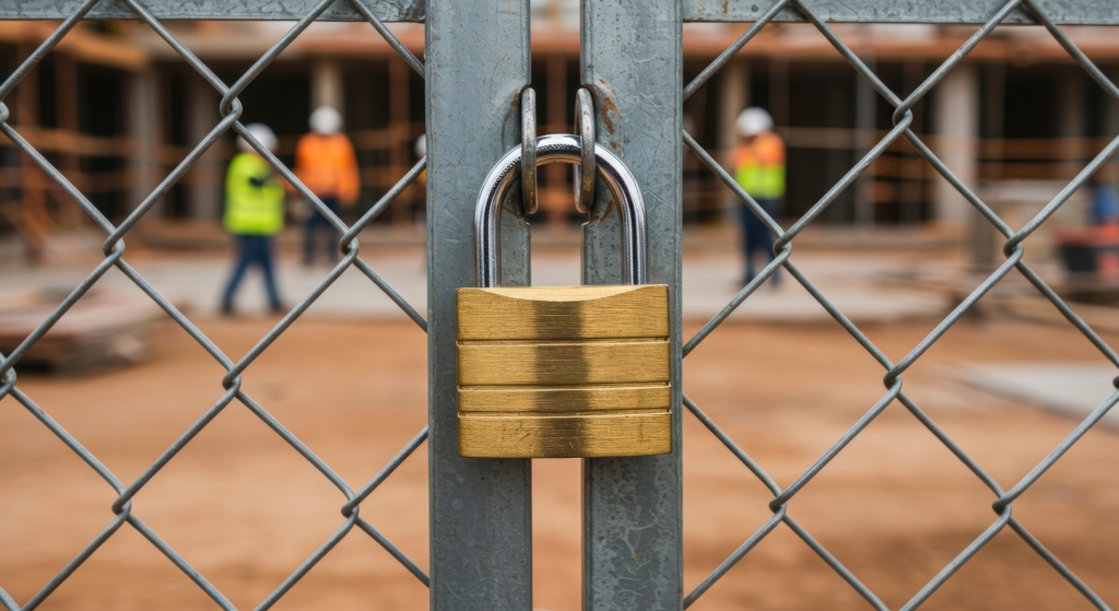 Padlock secures chain link fence gate at a construction site implying safety protocols and prevention of theft Use for site security concepts.