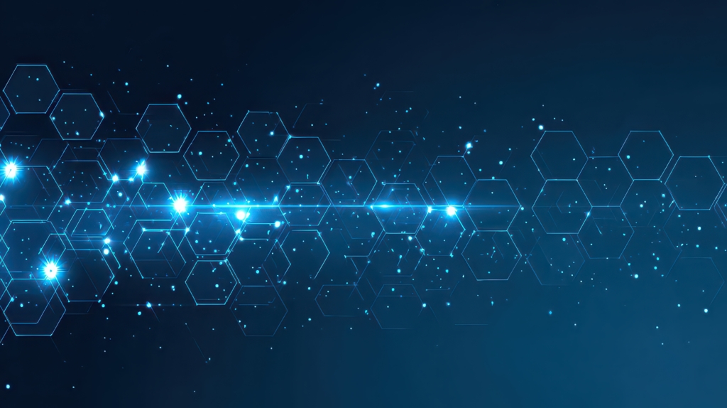 Abstract Blue Hexagonal Network With Sparkles and Lens Flares Glowing Data Communication And Future Technology Background Concept