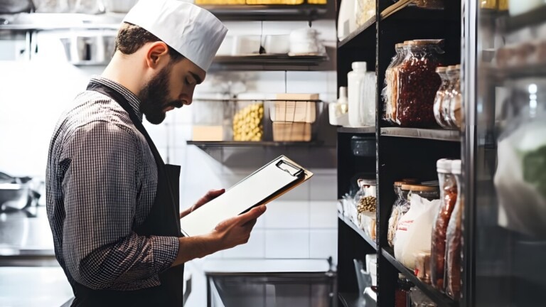 Owner checking inventory in restaurant kitchen, clipboard in hand, shelves of ingredients behind